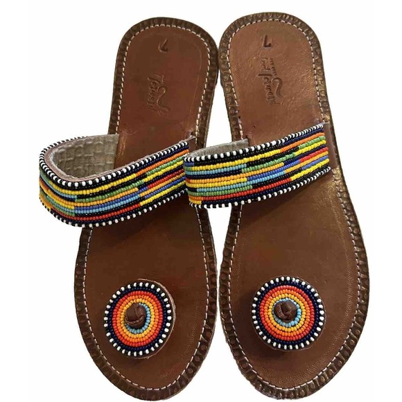 Rainbow Beaded Brown Sandals - Picture 1 of 6